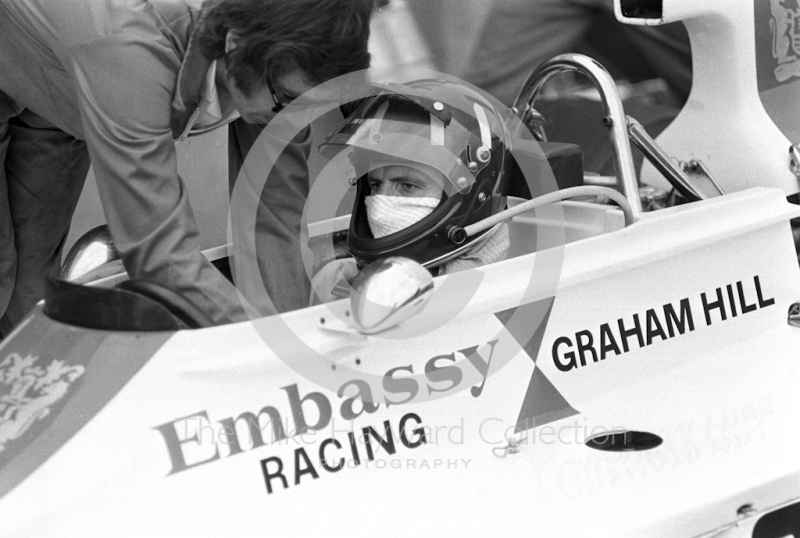 Graham Hill, Lola T370, on the grid for the start of the 1974 British Grand Prix at Brands Hatch.
