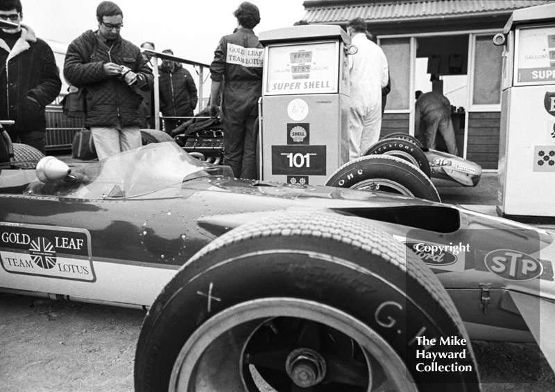 Gold Leaf Team Lotus Ford 49B of Graham Hill filling up at the pumps, Silverstone, International Trophy 1969.