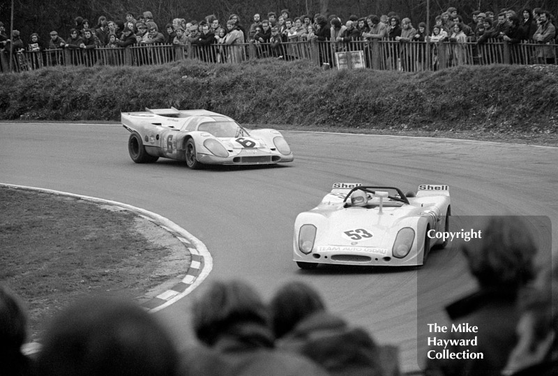 Hans-Dieter Weigel/Dieter Sporrey, Porsche 908/02, followed by Jo Siffert/Derek Bell, Porsche 917, Brands Hatch, 1971 BOAC 1000K.
