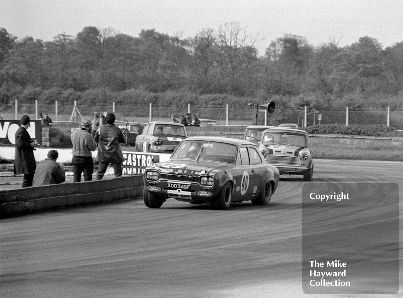 Frank Gardner, Alan Mann Ford Escort (XOO&nbsp;349F), Steve Neal, Britax Mini Cooper Downton, Les Nash, Ford Anglia, Silverstone, 1969 Martini Trophy meeting.
