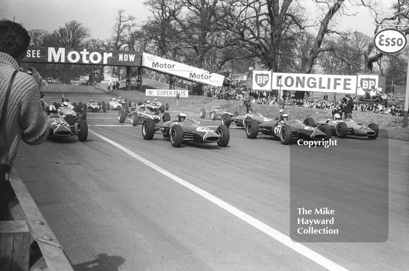 Charles Lucas, Brabham BT10, Piers Courage, Brabham BT10, Peter Gethin, Lotus 22, with the Brabham BT10 of Charles Crichton-Stuart, Formula 3 race, Oulton Park Spring Race meeting, 1965.
