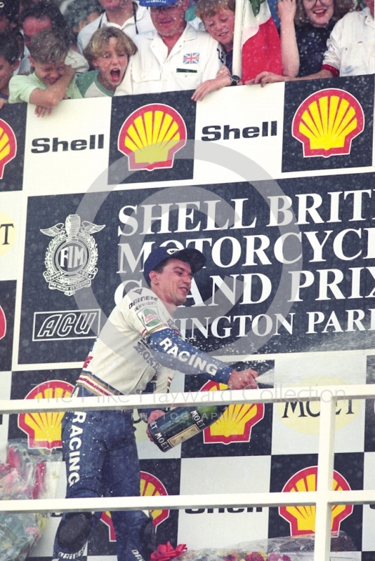 Luca Cadalora celebrates winning the 250cc Grand Prix, Donington Park, British Grand Prix 1991.