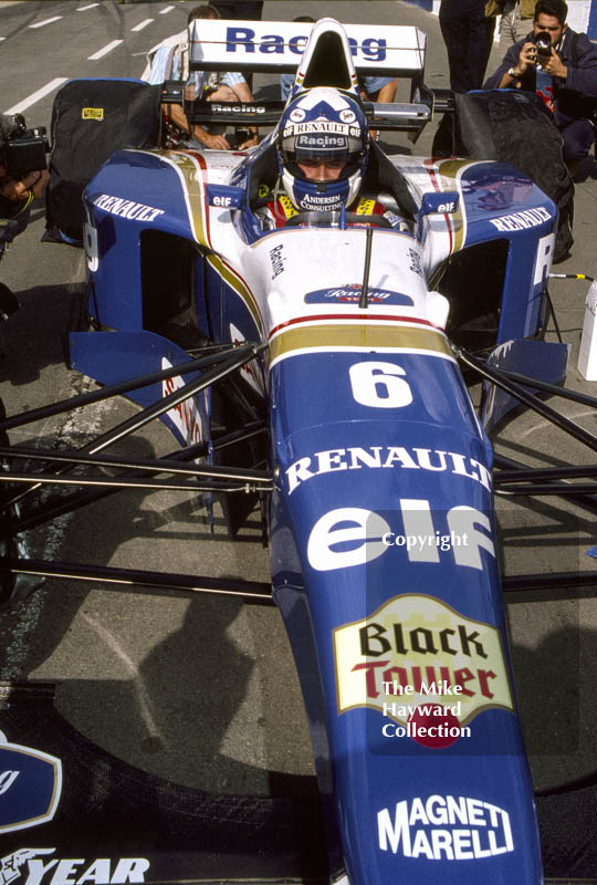 David Coulthard in the pit lane with his&nbsp;Williams FW17, Silverstone, 1995 British Grand Prix.
