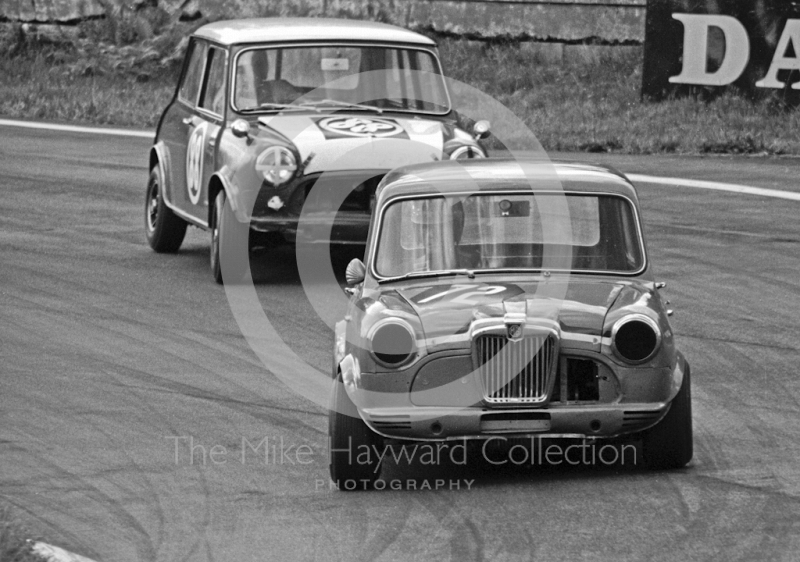 J Veness, MG Gnat Mini, and Robin Farquhar, Mini Cooper S, Special Saloon Car Race, Peco Trophy meeting, Oulton Park, 1968
