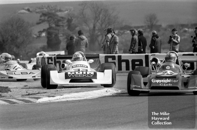 Jorg Siegrist, Schweizer Auto Rennsport March 742, Peter Williams, Chevron B29, Gabriele Serblin, Elba Racing Team March 752, Thruxton, Easter Monday 1975.
