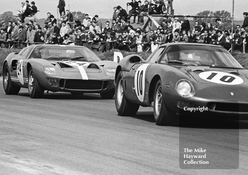 Bob Bonderant, David Piper Racing Ferrari 250LM, and Eric Liddell, Ford GT40, Silverstone International Trophy meeting 1966.
