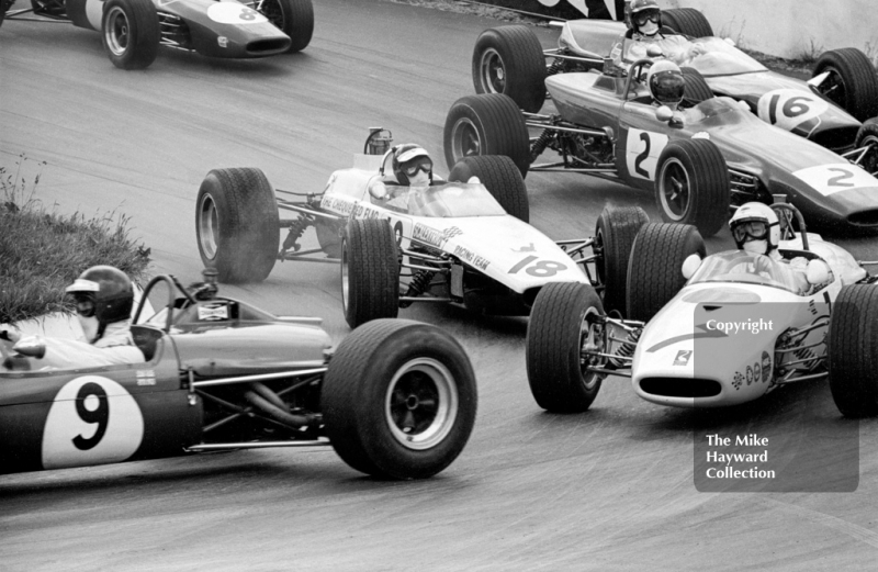 Mike Beuttler, Brabham BT21; Tetsu Ikuzawa, Ken Bass Racing Brabham BT21B; Ian Ashley Chequered Flag&nbsp;McLaren M4A; John Miles, Lotus 41X; and Dave Morgan, Lola T62; Mallory Park, F3 Guards International Trophy, BRSCC 4000 Guineas meeting, 1968
