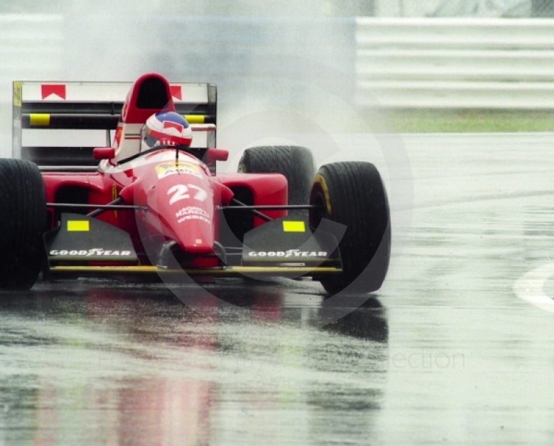 Jean Alesi, Ferrari F93A, seen during wet qualifying at Silverstone for the 1993 British Grand Prix.
