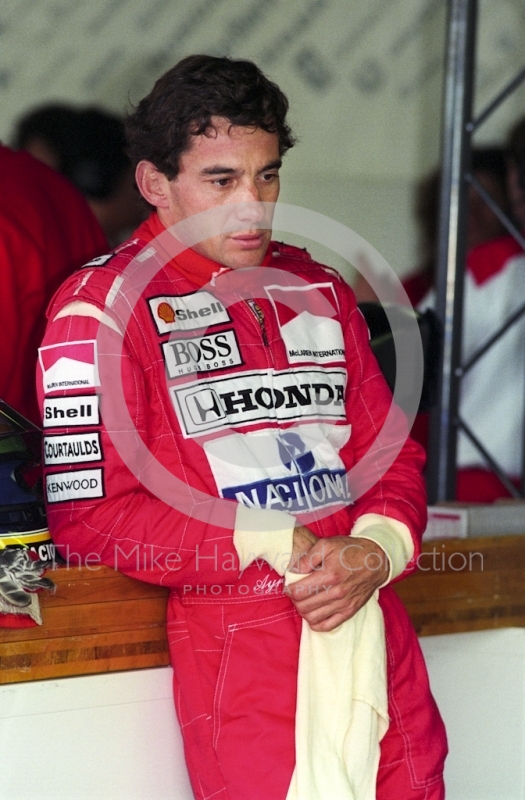 Ayrton Senna in reflective mood at the British Grand Prix meeting, Silverstone, 1992
