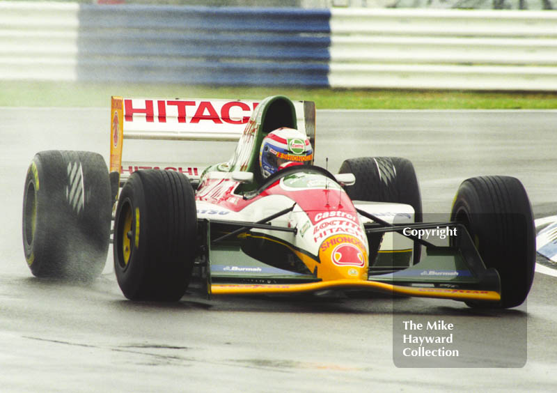 Alessandro Zanardi, Lotus 107B, seen during wet qualifying at Silverstone for the 1993 British Grand Prix.
