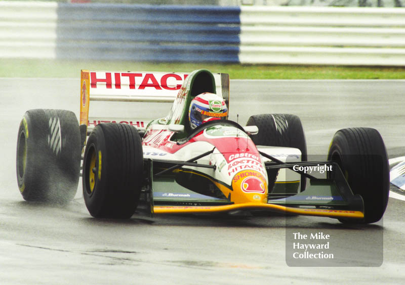 Alessandro Zanardi, Lotus 107B, seen during wet qualifying at Silverstone for the 1993 British Grand Prix.
