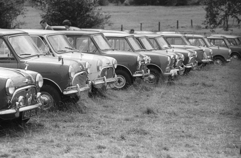 A line-up of Minis in the Knickerbrook car park, Oulton Park Gold Cup, 1965
