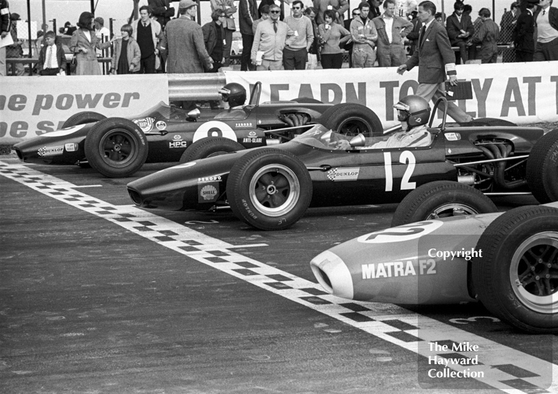 Jochen Rindt, Brabham BT23C,Â Piers Courage, Brabham BT23C, and Jean-Pierre Beltoise, Matra MS7, Thruxton, Easter Monday 1968.