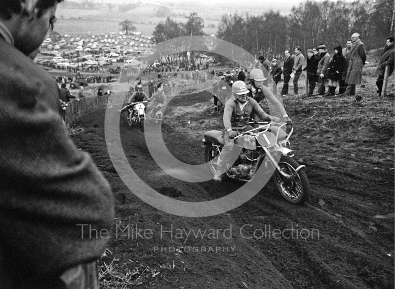 L Crane, Triumph 600, and N Thompson, Wasp 650, ACU British Scramble Sidecar Drivers Championship, Hawkstone Park, 1969.
