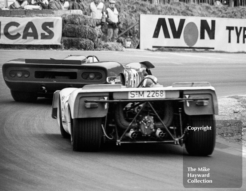 Chris Amon, Ferrari 312P, and Jo Siffert, Porsche 908 (SM 2268), Brands Hatch, BOAC 500 1969.
