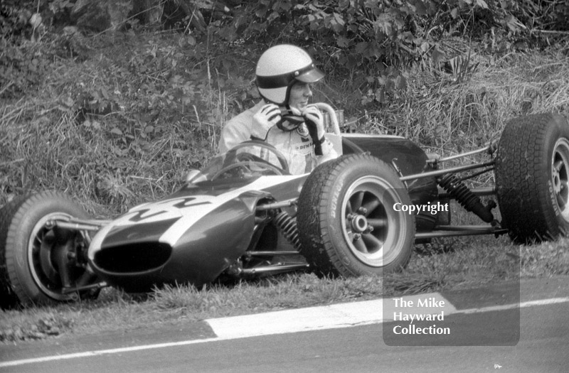Peter Gaydon after spinning his Cooper T83 at the 1967 Guards Trophy, Brands Hatch.
