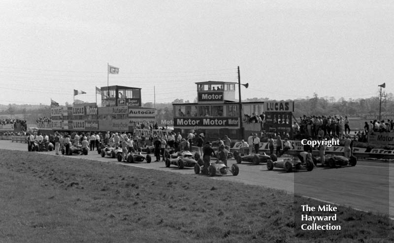 Formula 2 cars on the grid for the Grovewood Trophy, Mallory Park, May 17th 1964.
