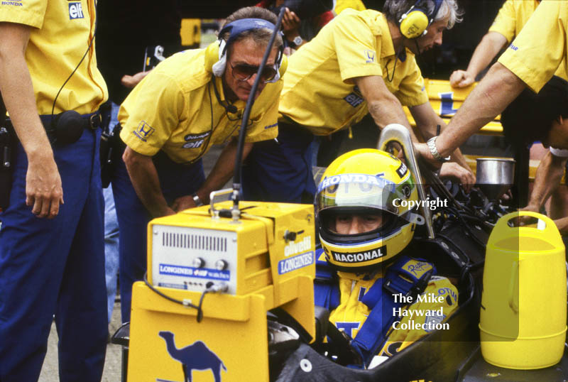 Ayrton Senna, Camel Lotus 99T, during practice for the British Grand Prix, Silverstone, 1987.
