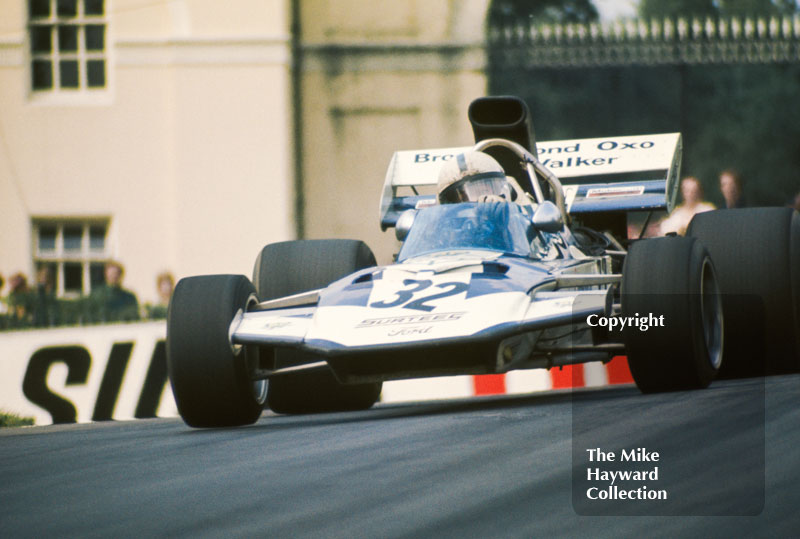 John Surtees, Surtees TS9, lifts a wheel at Lodge Corner, Oulton Park Gold Cup 1971.
