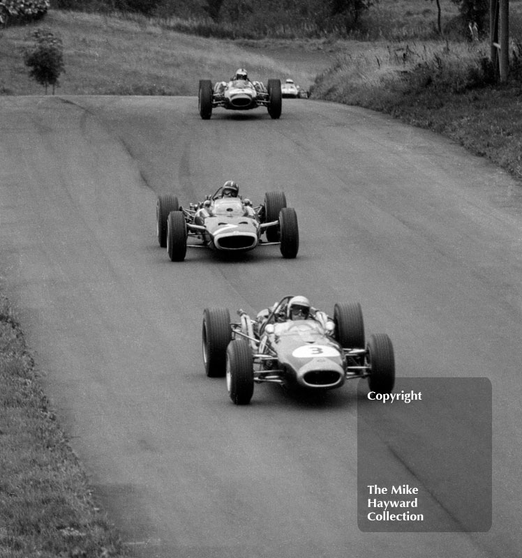 Jack Brabham, Repco Brabham BT19, Graham Hill, BRM P83 H16, and Denny Hulme, BT20, 1966 Gold Cup, Oulton Park.
