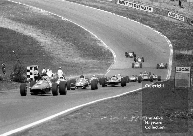 Richie Ginther, Eagle Weslake T1G-103, Dan Gurney, Eagle Weslake T1G-104, Mike Spence, BRM P83, Brands Hatch, 1967 Race of Champions.
