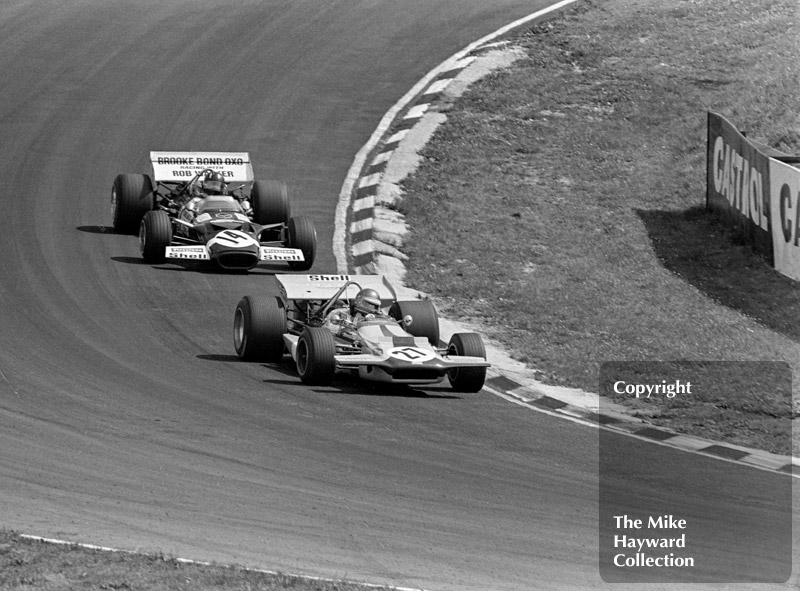 Ronnie Peterson, March 701,&nbsp;leads Graham Hill, Lotus 49C, 1970 British Grand Prix, Brands Hatch.
