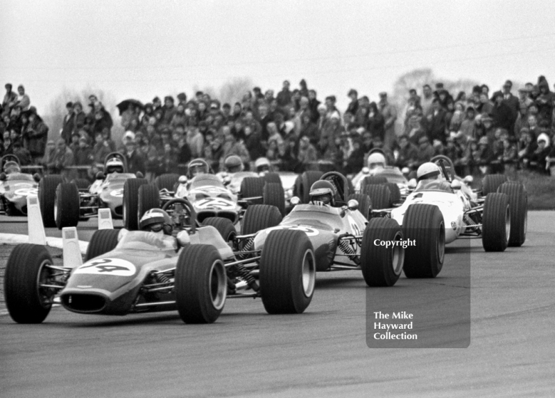 Bert Hawthorne, Chevron, Tom Walkinshaw, Lotus and &nbsp;James Hunt (12), Molyslip Lotus 59, Silverstone, International Trophy meeting 1970.
