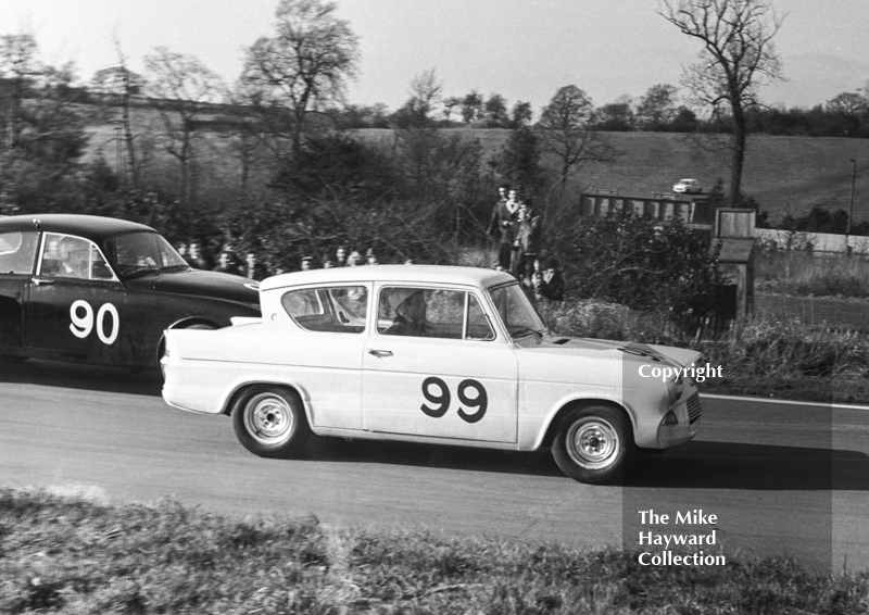 Boley Pittard, Ford Anglia, and W Rigg, Jaguar 3.8, Molyslip Trophy, Mallory Park, 1964.
