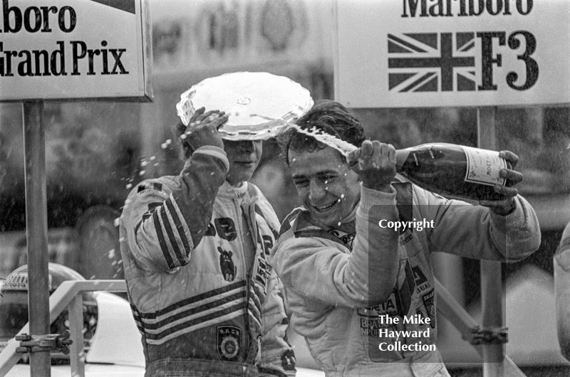 Roberto Moreno celebrates his win, Marlboro British Formula 3 championship held at the 1981 Grand Prix, Silverstone.
