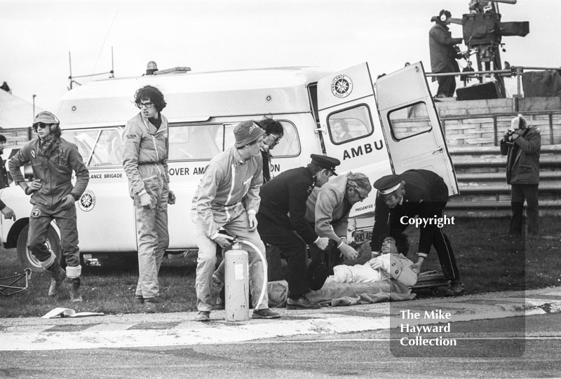 Alberto Colombo receives treatment after crashing at the chicane, Thruxton, Easter Monday 1975.
