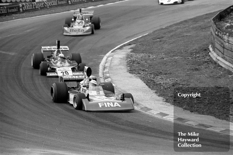 Jochen Mass, Surtees TS16, leads Arturo Merzario, ISO-Marlboro FW03, and Vittorio Brambilla, March 741, Brands Hatch, British Grand Prix 1974.
