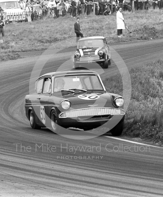 Chris Craft, Superspeed Ford Anglia, at Cascades Bend, Oulton Park Gold Cup meeting, 1967.
