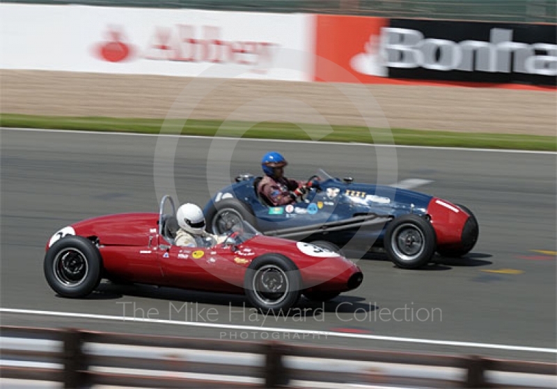 Rupert Wood, 1957 Cooper T43, and Paul Grant, 1953 Cooper Bristol Mk IV, during the pre-1966 Grand Prix cars race, Silverstone Cassic 2009.