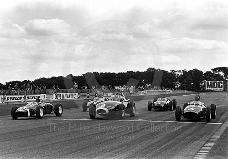 Historic line-up from the Donington Collection, including Geoff Lees in a Lotus 18, Stirling Moss in a Vanwall, and Tom Wheatcroft in a BRM, at the European Formula 2 Championship meeting, Donington Park, 1981.