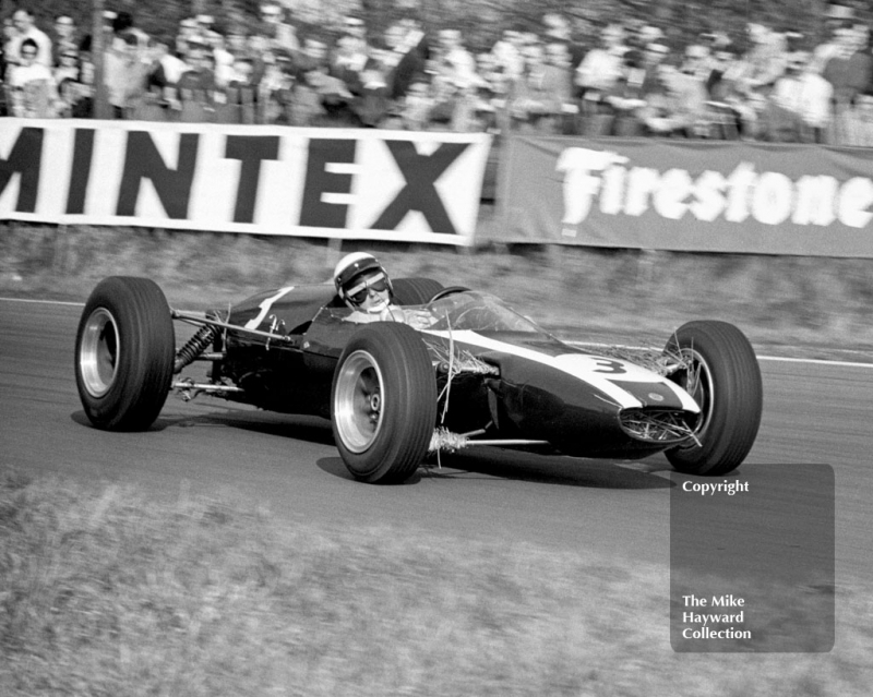 Jackie Stewart, Tyrrell Cooper T75 (F2-5-65) BRM, with straw hanging from the suspension, at Old Hall Corner, Oulton Park, Spring International 1965.
