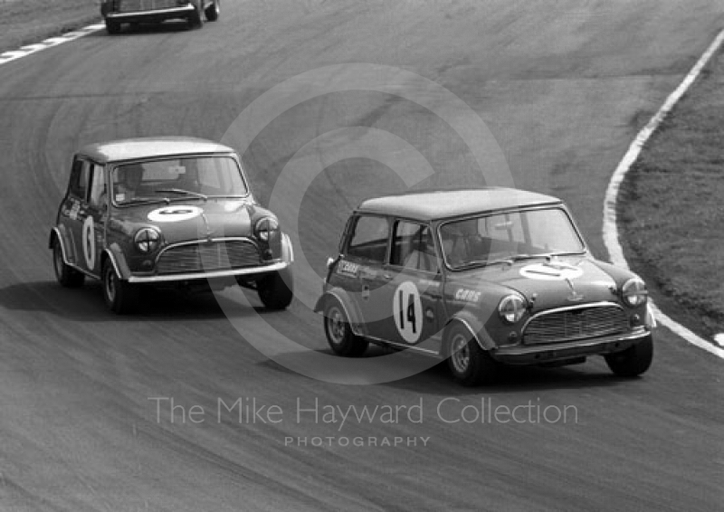 Tony Youlten, Cars and Car Conversions Mini Cooper S, and Gordon Spice, Equipe Arden Mini Cooper S, at Bottom Bend, British Saloon Car Championship race, 1968 Grand Prix meeting, Brands Hatch.
