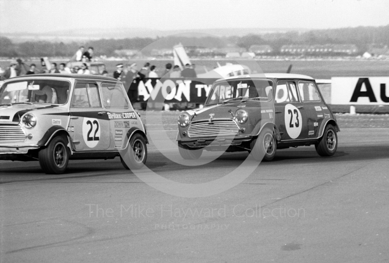 Steve Neal, Britax Cooper Downton Mini Cooper S, and John Rhodes, British Leyland Mini Cooper S, Thruxton Easter Monday meeting 1969.
