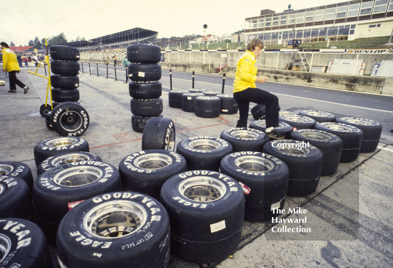 Goodyear tyres in the Renault pit, Brands Hatch, 1985 European Grand Prix.
