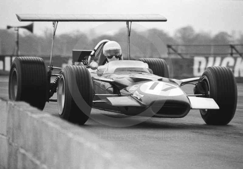 Pete Lovely, Lotus Ford 49B, at Copse Corner before an accident on the second lap, Silverstone, International Trophy 1969.
