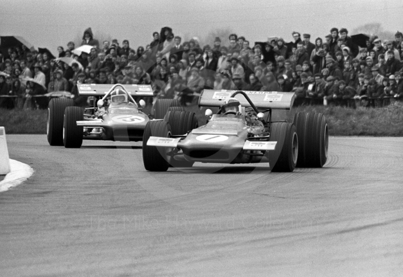 Jackie Stewart, Tyrrell March Ford 701, and Chris Amon, works March Ford 701, Silverstone International Trophy 1970.
