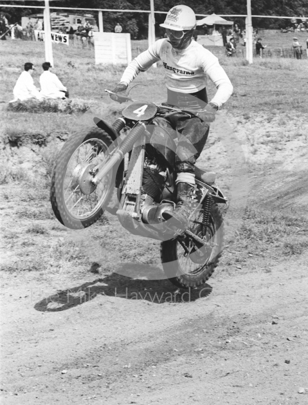 Airborne on the main straight, 1966 motocross meeting, Hawkstone.