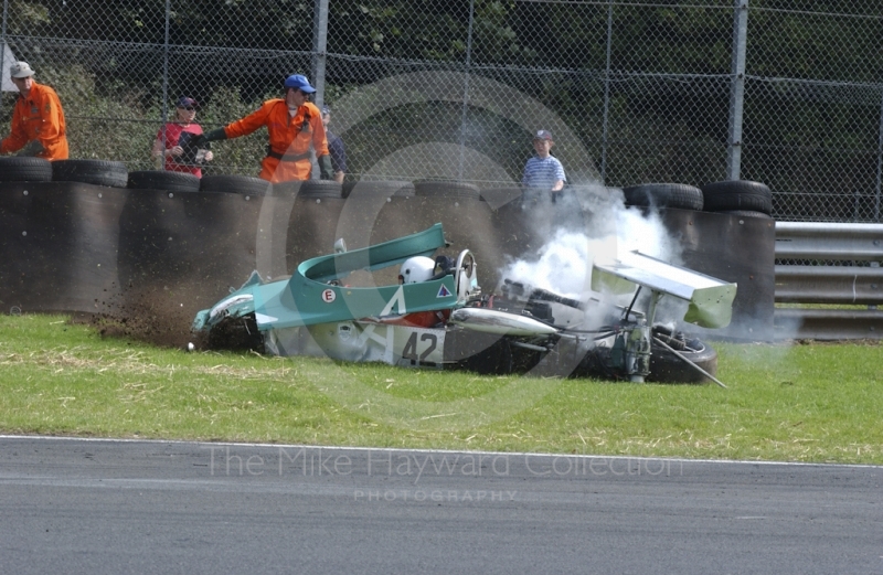 Tom Thornton, March 743, crashes at Old Hall Corner during the Derek Bell Trophy, Oulton Park Gold Cup meeting, 2002