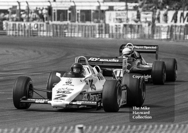 Jacques Laffite, Saudia Williams FW08C and Elio de Angelis, JPS Lotus 94T, British Grand Prix, Silverstone, 1983
