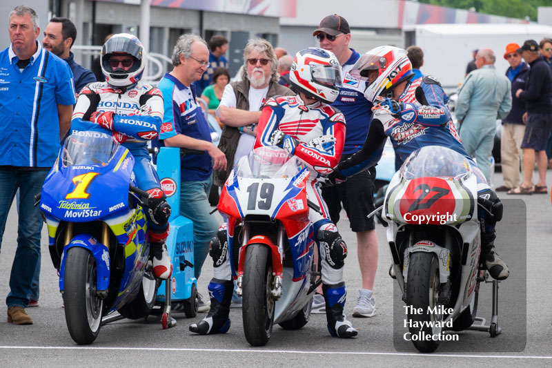 Wayne Gardner, Suzuki RGV 500, Freddie Spencer, Honda MS500, Didier de Radigues, Suzuki RGV 500, 2016 Silverstone Classic.
