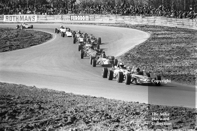 Andy Sutcliffe, GRS International GRD 372, leads Roger Williamson, Wheatcroft Racing March 723, Barrie Maskell, Lotus 69, Bob Evans, March 723, James Hunt, March 723Mallory Park, Forward Trust 1972.
