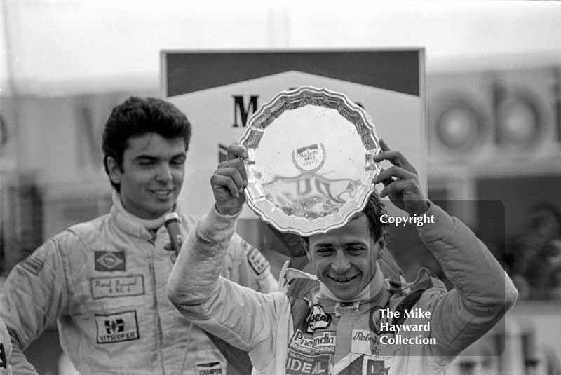 Roberto Moreno celebrates his win with Raul Boesel, Marlboro British Formula 3 championship held at the 1981 Grand Prix, Silverstone.
