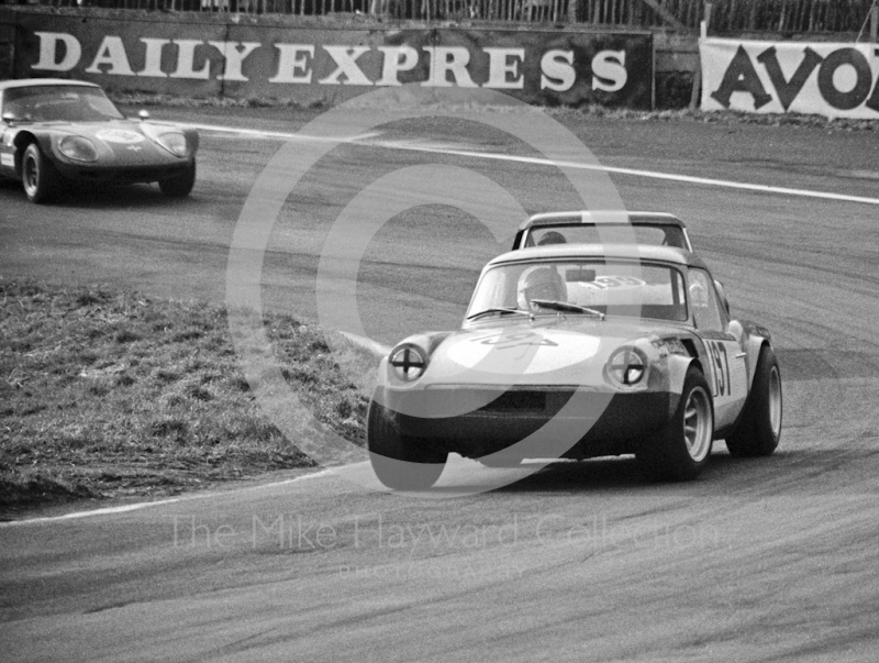 Chris Marshall, Triumph Spitfire, followed by Gabriel Konig, MG Midget and John Carden, Marcos, 1500 GT, at Lodge Corner, Sports Car Race, Oulton Park, 1969
