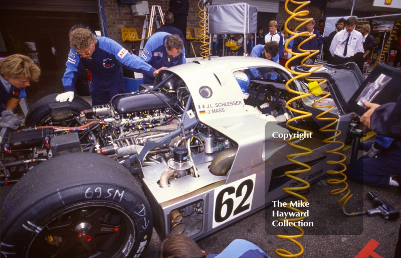 Mechanics work on the Sauber Mercedes C9/88 of Jean-Louis Schlesser and Jochen Mass, Wheatcroft Gold Cup, Donington Park, 1989.
