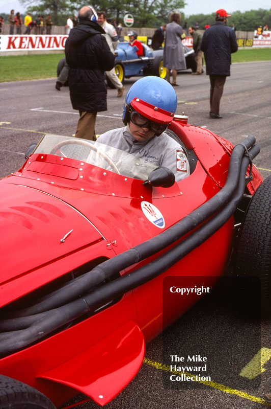 Vic Norman, Maserati 250F, on the grid at a VSCC meeting at Donington Park in May 1980.
