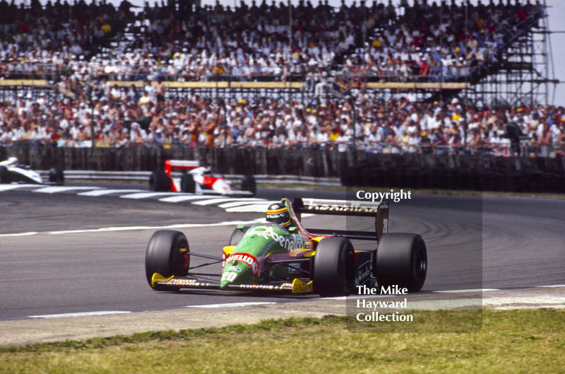 Thierry Boutsen, Benetton B187, at Copse Corner heading for 7th place, British Grand Prix, Silverstone, 1987
